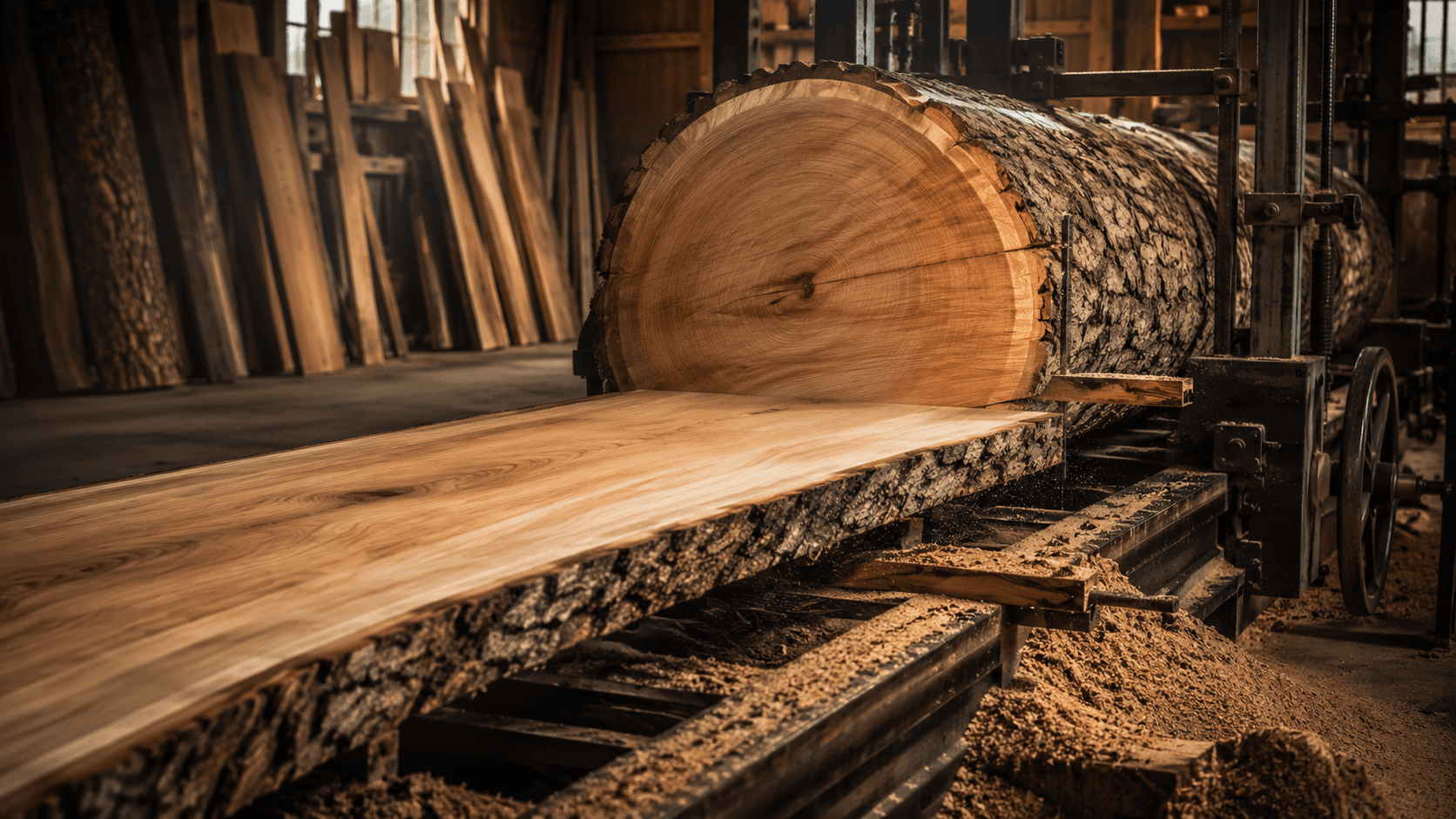 Wood slab detail representing sawing and material transformation